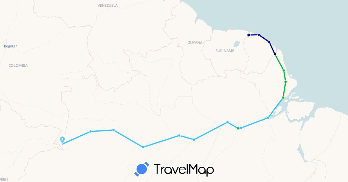 TravelMap itinerary: driving, bus, boat in Brazil, Colombia, French Guiana (South America)